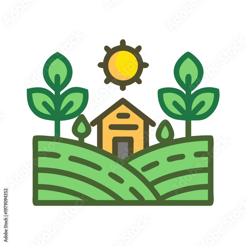 Iconic agricultural landscape with crops, barn, and sun in a simple design
