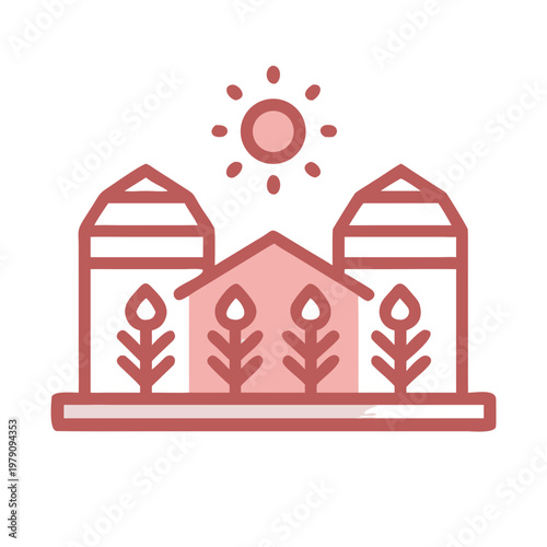 Minimalist farm illustration with barn, silos, plants, and sun on black backdrop
