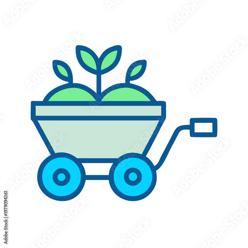 Iconographic illustration of a wheelbarrow filled with soil and sprouting plant shoots on black