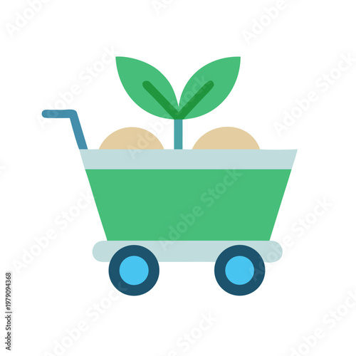Flat illustration of a shopping cart filled with soil and growing seedlings