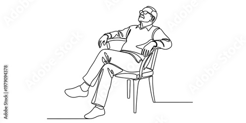 A line art drawing of a senior man sitting comfortably in a wooden chair with his legs crossed