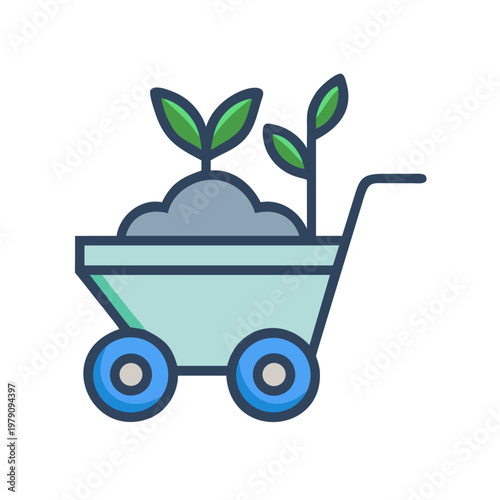 Icon of a blue wheelbarrow with sprouting plants on a black background.