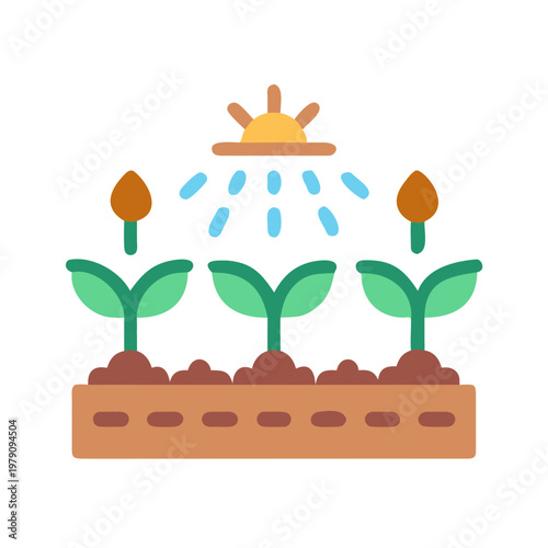 Illustration of plants being watered by sun, growing in a garden bed