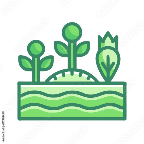Illustration of three green plants growing in soil with dark background