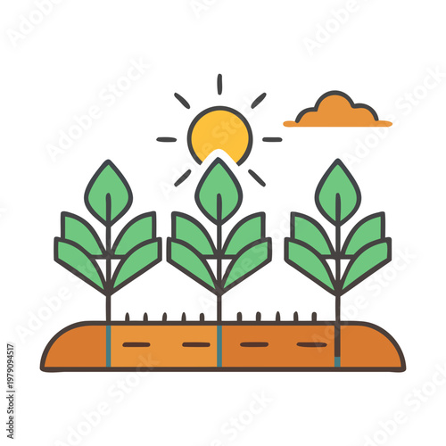 Flat Design Illustration: Agricultural Field with Plants, Sun and Cloud on Black Background