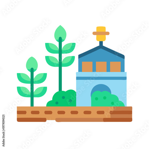 Whimsical Garden Scene with Stylized Plants and Blue House on Black Background