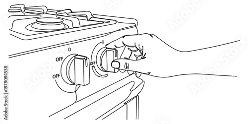 A black and white line drawing of a person turning the control knob of a gas stove in the kitchen