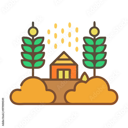 Harvest Season: A flat illustration of agriculture farm with grain and farmhouse.