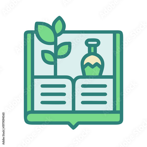 Illustration of an open book with a plant and bottle, science and education