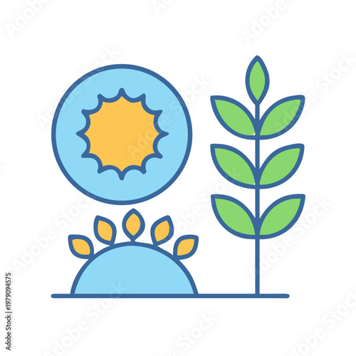 Stylized sun, land, and plant icon against black background representing nature and growth
