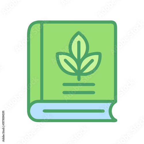 Stylized green book with leaf icon, representing nature and knowledge on black background