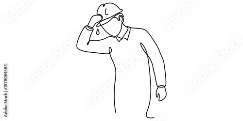A single line drawing of a tired construction worker wiping sweat from their forehead with helmet