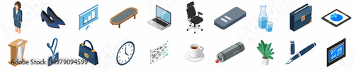 Isometric 3D business and office icons set featuring professional furniture, electronic gadgets, and workplace accessories isolated on a white background.