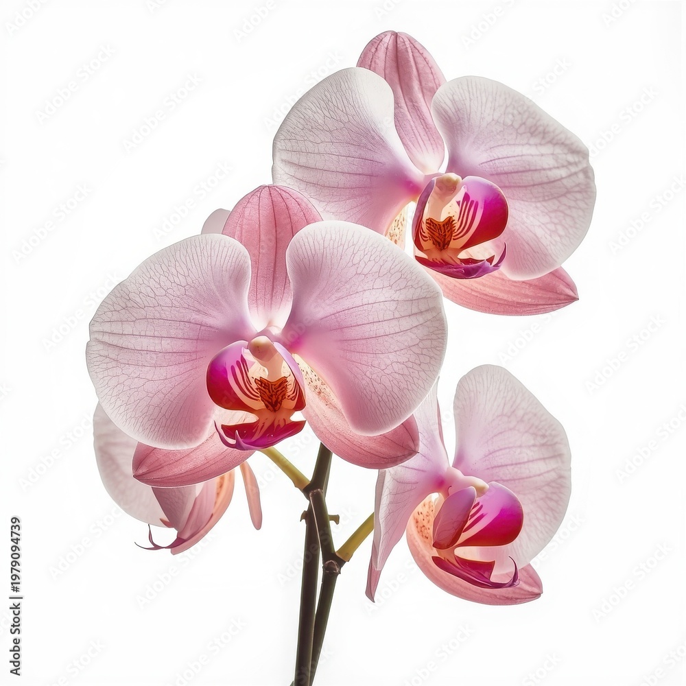 Obraz premium A branch with several soft pink orchids is presented against a bright white surface.