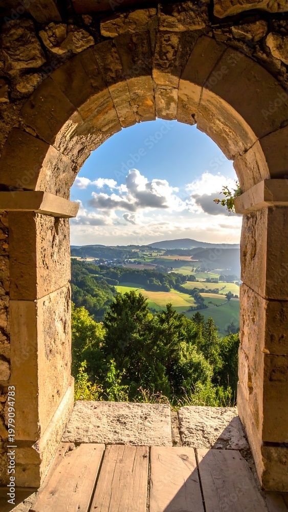 Fototapeta premium Stone archway frames rolling hills and sky. Light streams across the landscape