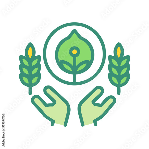 Hands holding a sprout in a circle surrounded by wheat stalks on black background