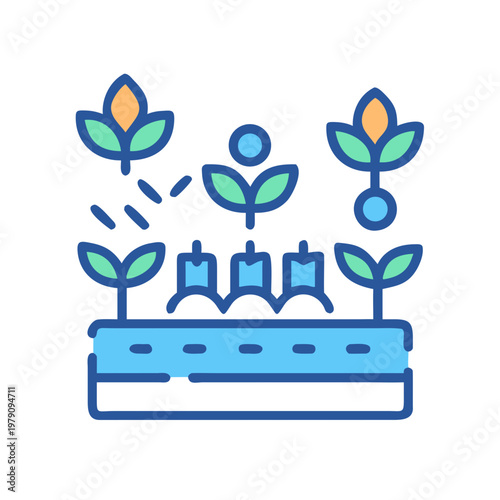 Flat illustration of seedling growing in a planting bed with irrigation system