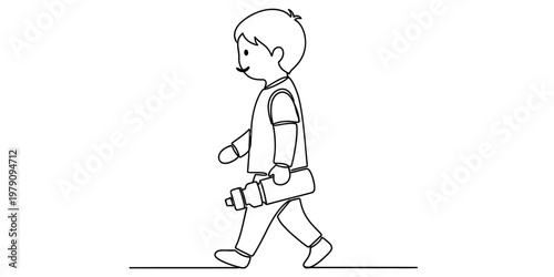 A simple black and white line drawing of a young boy walking while holding a water bottle tight