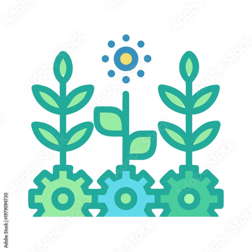 Plants growing from gears with sun icon representing innovation and technology