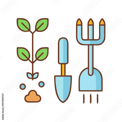 Garden tools and plant sprout illustration on black background representing planting and growth