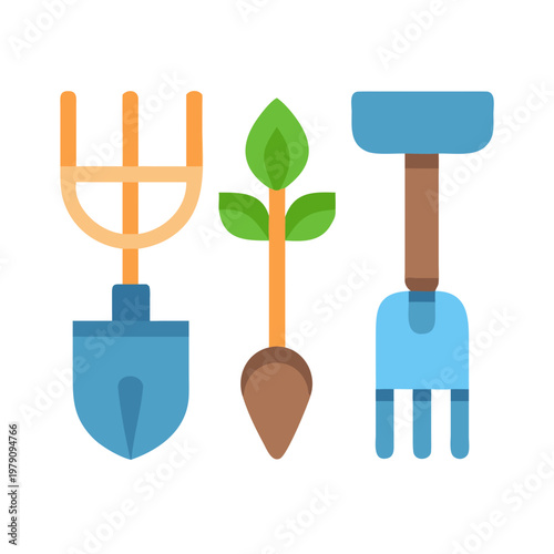 Simplified gardening tools illustration: shovel, plant and spading fork on black background