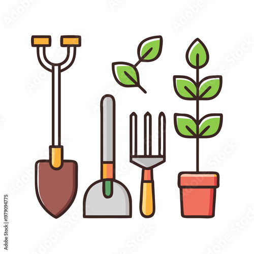 Flat vector illustration of gardening tools and plant pot on black background