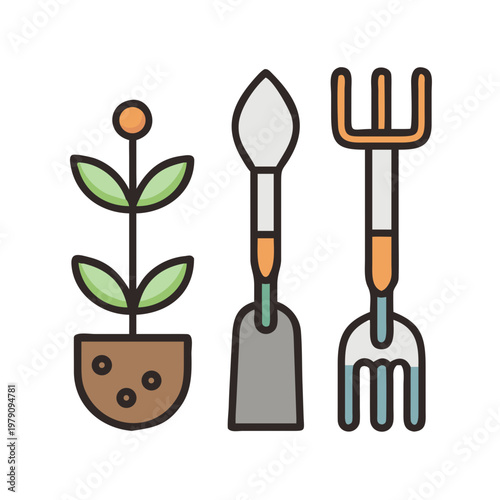 Gardening tools and plant in simple flat illustration on black background