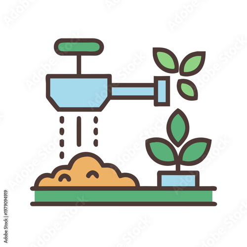 Icon illustration of watering can irrigating garden plants for agricultural concept