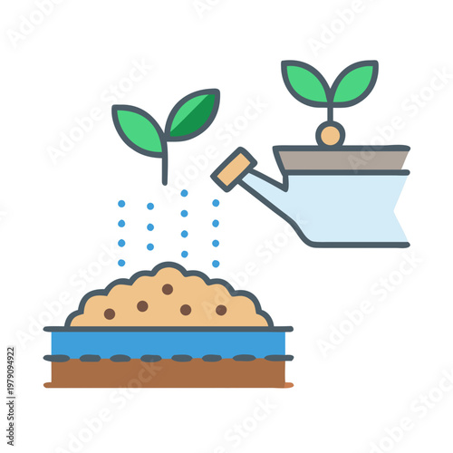Flat Vector Illustration: Watering Sprout with Watering Can Over a Small Field