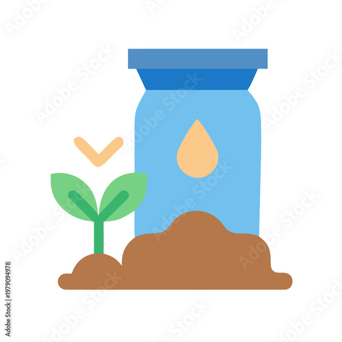 Flat illustration of a seedling with fertilizer indicating plant growth and care
