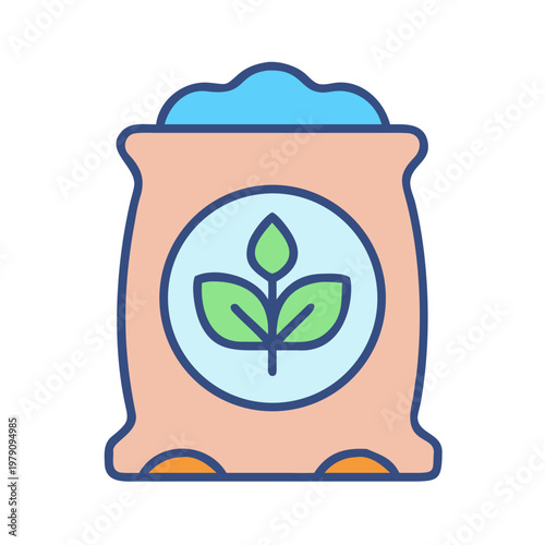 Illustration of a sack of fertilizer with a plant symbol, flat design