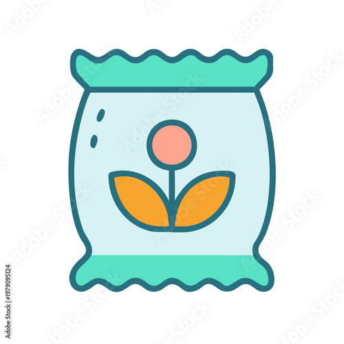 Icon of fertilizer bag with flower illustration isolated on black background