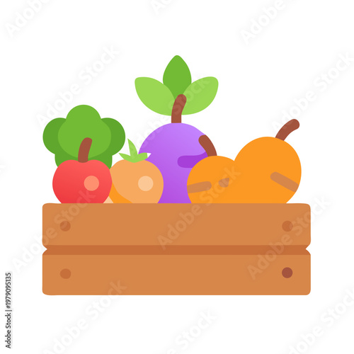 Flat design wooden crate filled with colorful harvest vegetables and fruits illustration