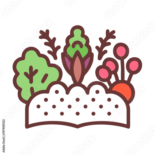 Illustration of garden bed with vegetables, icon style against black background.