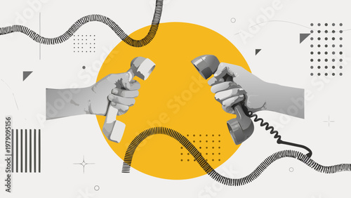 Two hands reaching with vintage telephones against a geometric backdrop