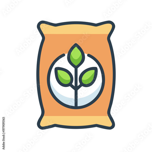 Bag of fertilizer illustration with plant symbol, promoting sustainable agriculture