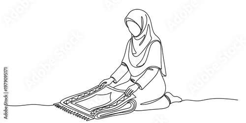 A single line drawing of a muslim woman wearing a hijab while folding her prayer rug on the floor