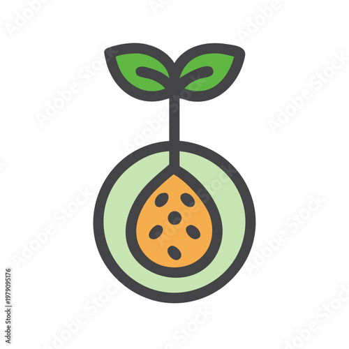 Minimalist flat illustration depicting a seed germinating with two leaves on a black background