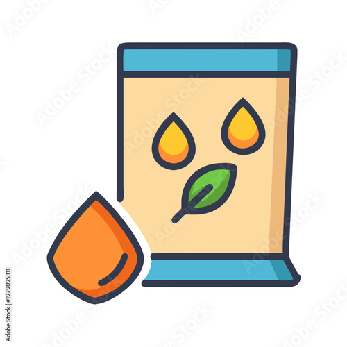 Seed packet illustration with water droplets and leaf, agriculture concept symbol