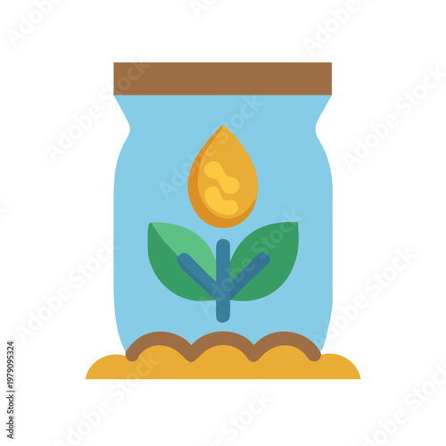 Icon-style image depicting seed packet, with plant sprouting from it; agriculture focus