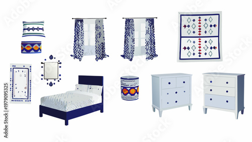 Blue and white bedroom furniture and decor arrangement on a white background