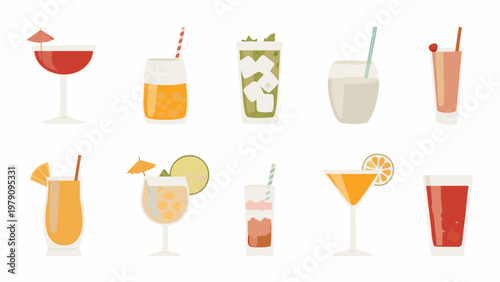 Collection of colorful cartoon cocktails and various refreshing summer drinks
