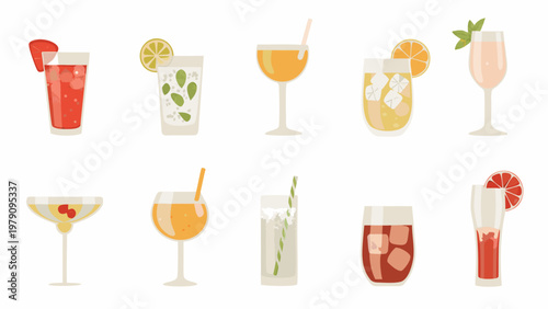 Assorted colorful summer cocktails and refreshing beverages in elegant glasses