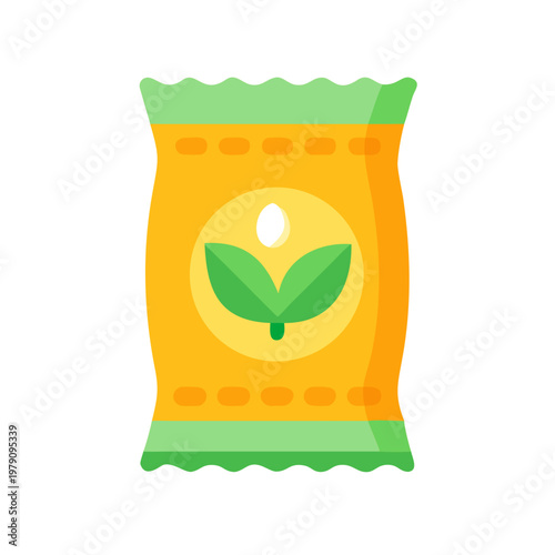 Seed packet graphic illustration with green leaves, egg, and yellow packaging