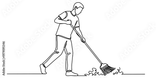 A continuous line drawing of a man using a broom to sweep dirt and debris on a simple floor space