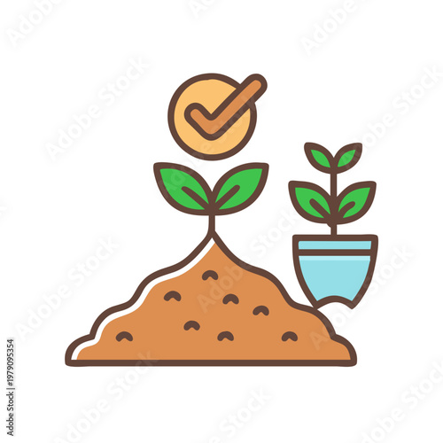 Vector icon representing successful growth, with plants and checkmark symbol on black background