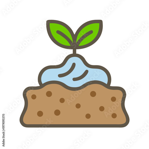 Illustration of a small plant growing in soil with water on top