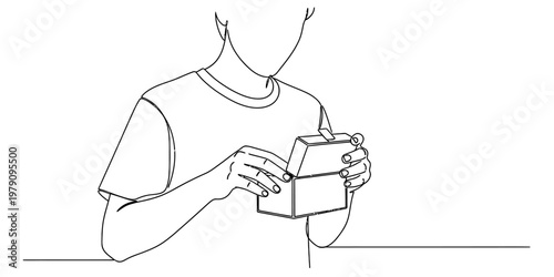 A minimalist black and white line drawing of a person carefully opening a small rectangular box