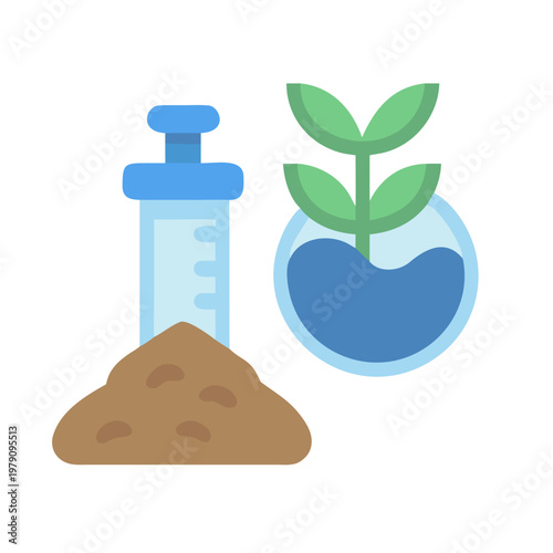 Flat icon image of plant growth process with lab elements on black backdrop