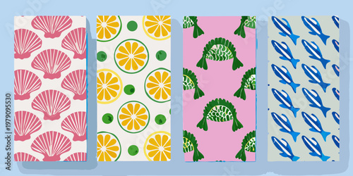 Colorful patterned bookmarks featuring shells citrus foliage and fish